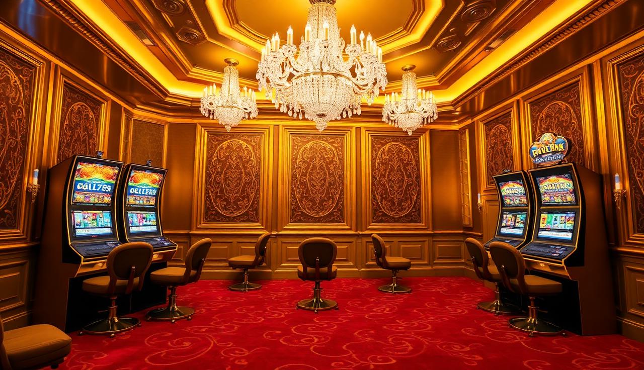 Salón VIP virtual dorado con máquinas premium