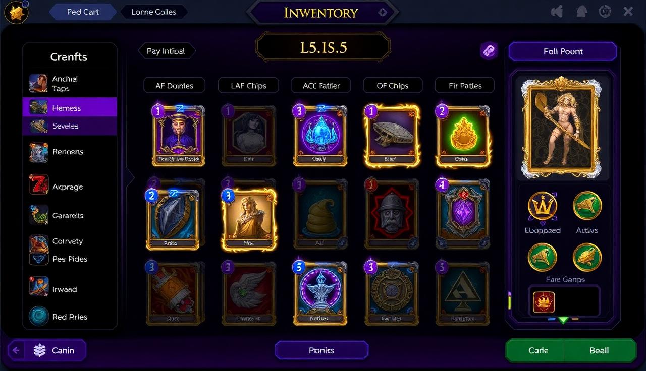 Vista de inventario de potenciadores y cartas coleccionables